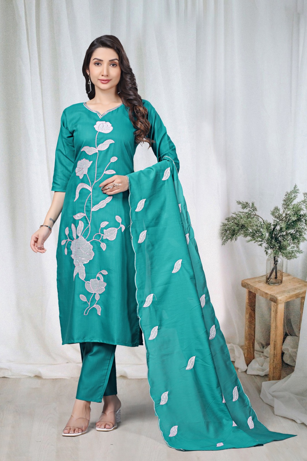 Teal Embroidered Cotton Kurta Pant Set Online