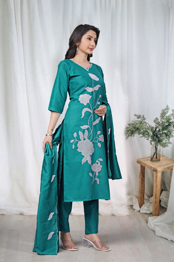 Teal Embroidered Cotton Kurta Pant Set Online
