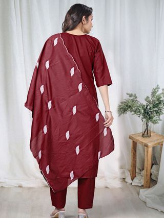Maroon Embroidered Cotton Kurta Pant Set Online
