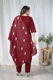 Maroon Embroidered Cotton Kurta Pant Set Online - Maroon