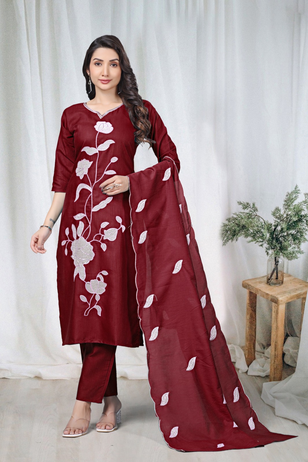 Maroon Embroidered Cotton Kurta Pant Set Online
