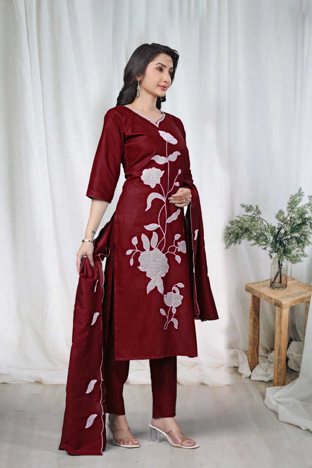 Maroon Embroidered Cotton Kurta Pant Set Online