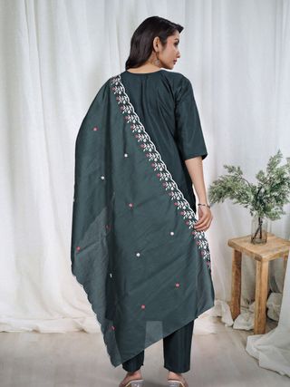 Dark Green Embroidered Kurta Pant Dupatta Set