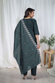 Dark Green Embroidered Kurta Pant Dupatta Set - Green
