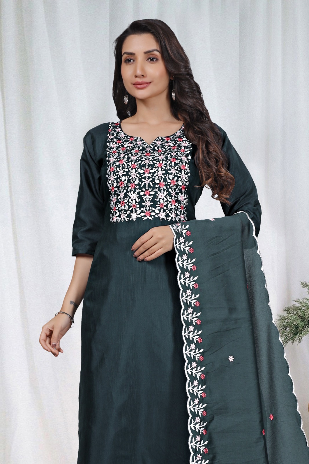 Dark Green Embroidered Kurta Pant Dupatta Set