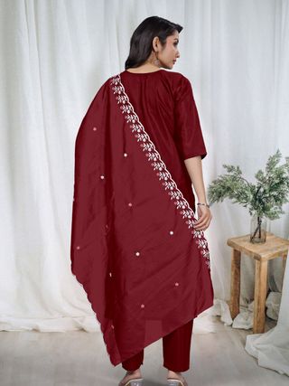 Maroon Embroidered Kurta Pant Dupatta Set for Women