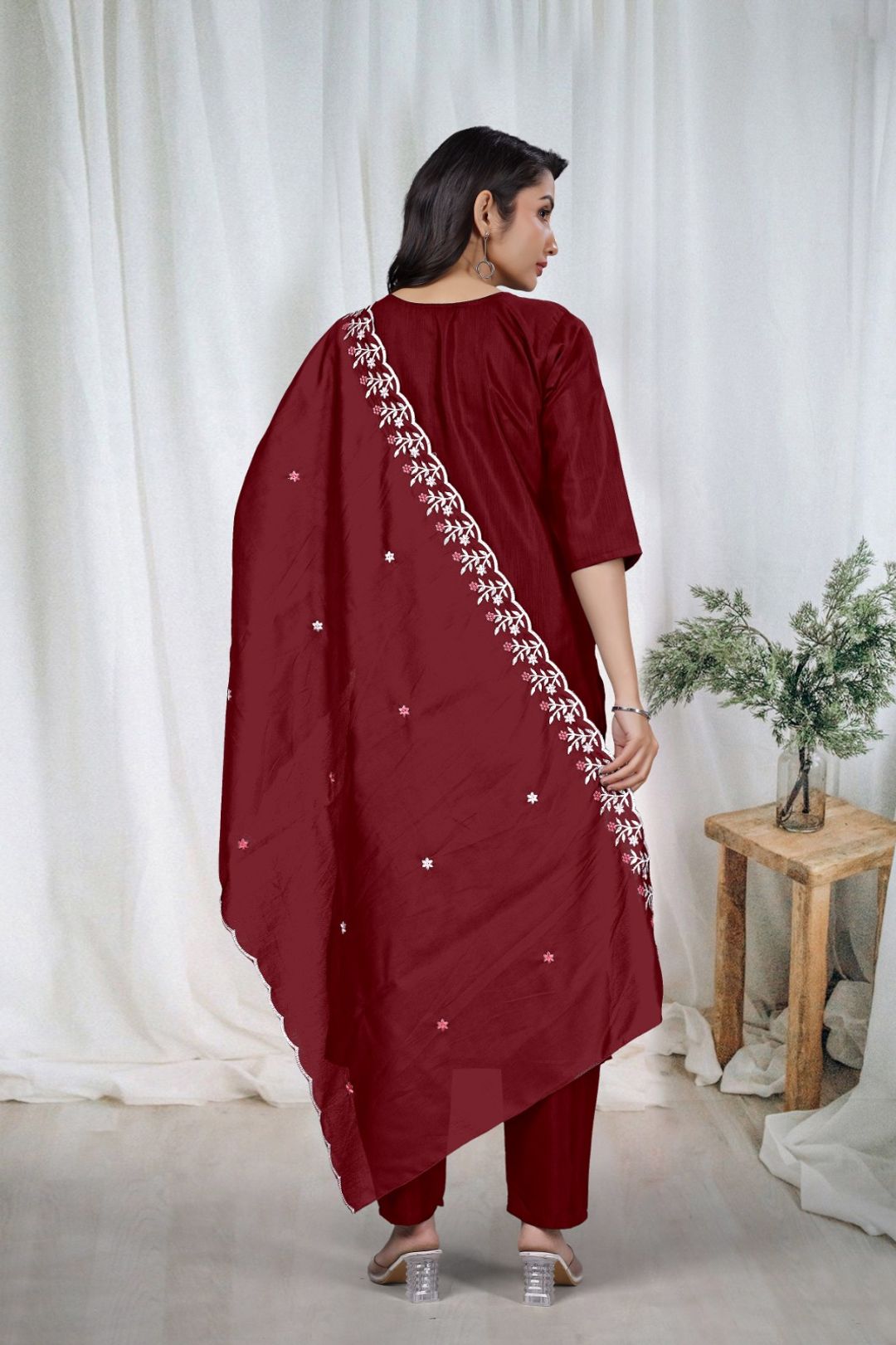 Maroon Embroidered Kurta Pant Dupatta Set for Women