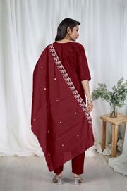 Maroon Embroidered Kurta Pant Dupatta Set for Women - Maroon