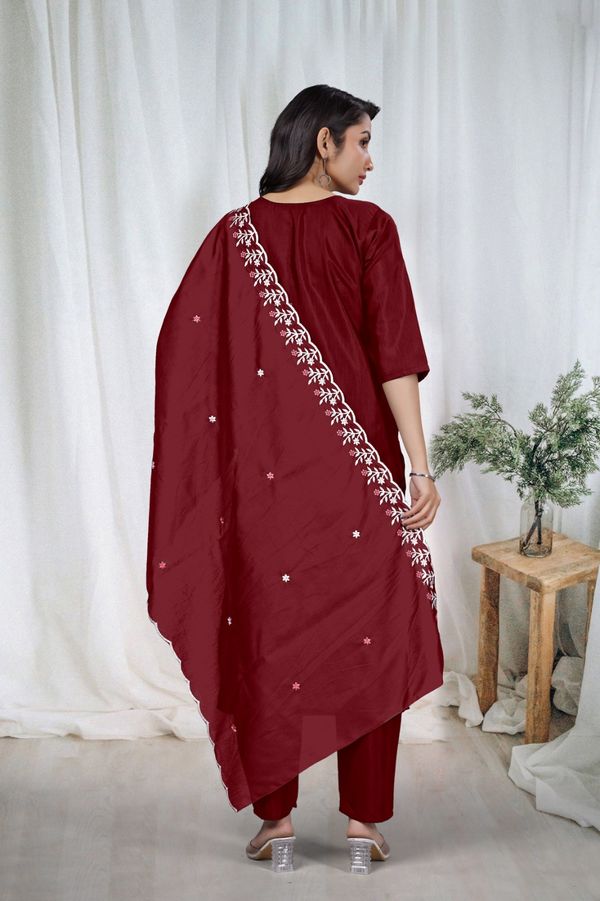 Maroon Embroidered Kurta Pant Dupatta Set for Women