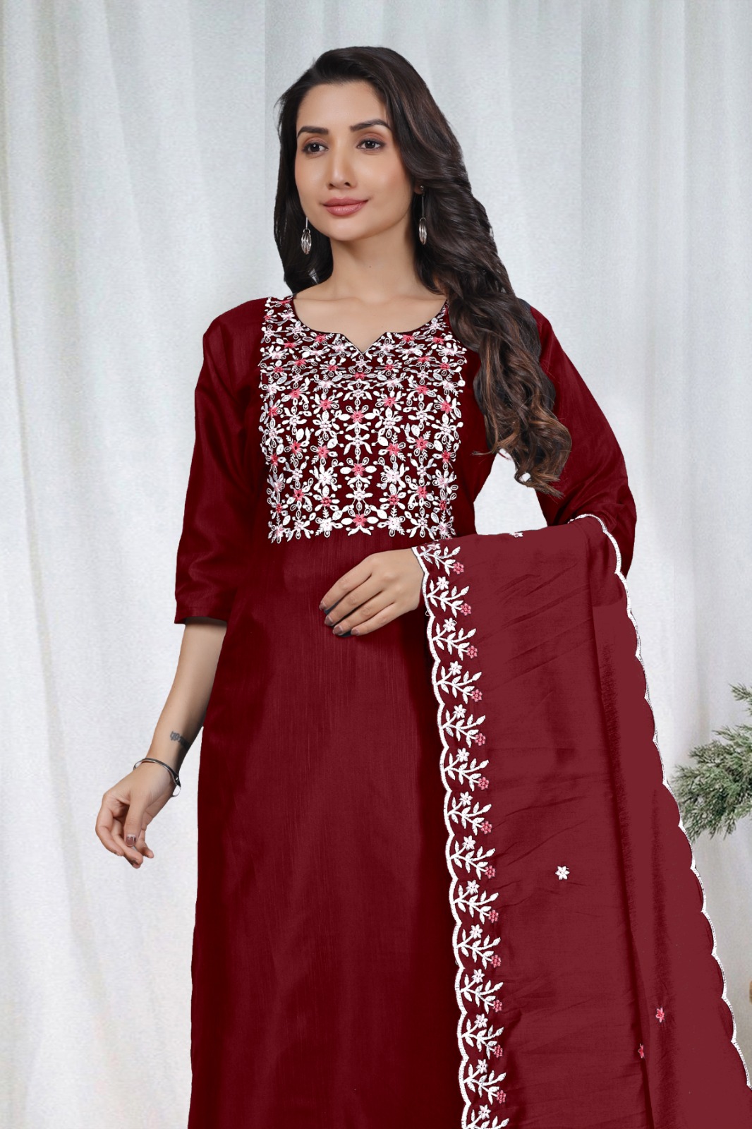 Maroon Embroidered Kurta Pant Dupatta Set for Women