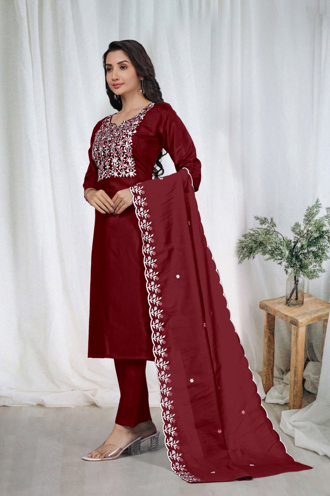 Maroon Embroidered Kurta Pant Dupatta Set for Women
