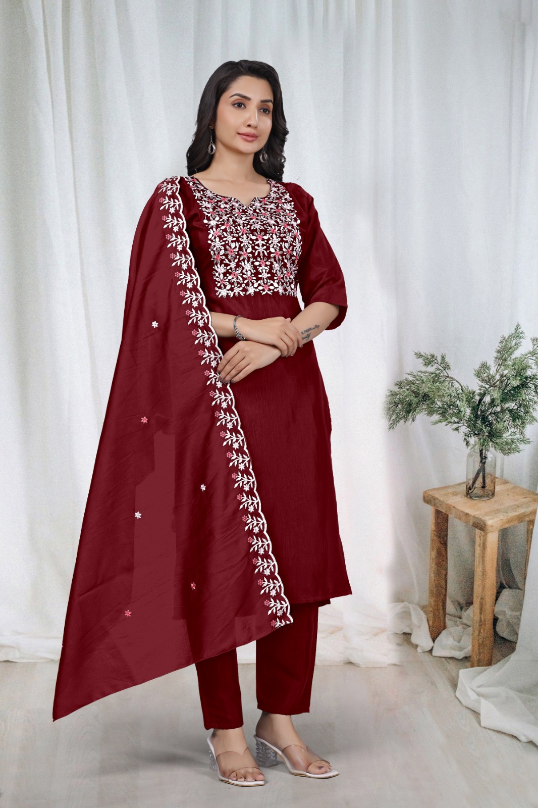 Maroon Embroidered Kurta Pant Dupatta Set for Women