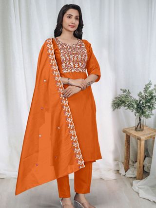 Orange Embroidered Kurta Pant Dupatta Set Women