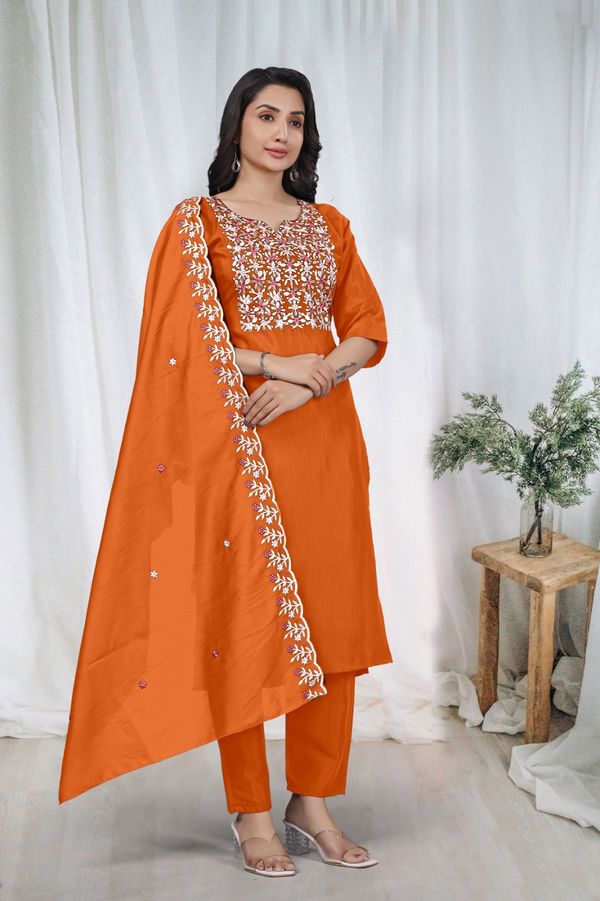 Orange Embroidered Kurta Pant Dupatta Set Women
