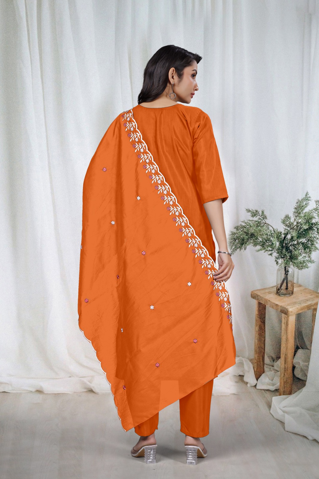 Orange Embroidered Kurta Pant Dupatta Set Women