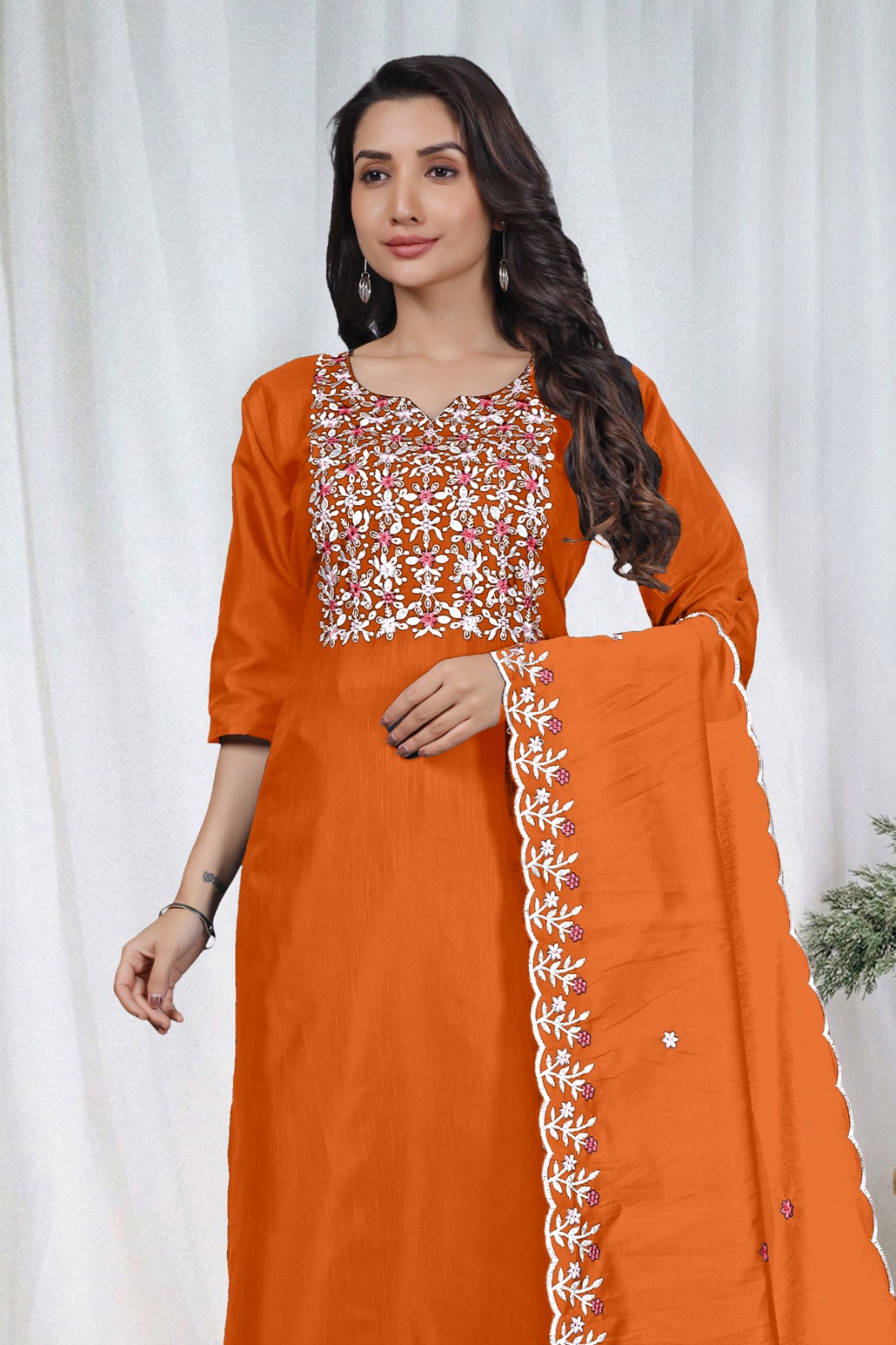 Orange Embroidered Kurta Pant Dupatta Set Women