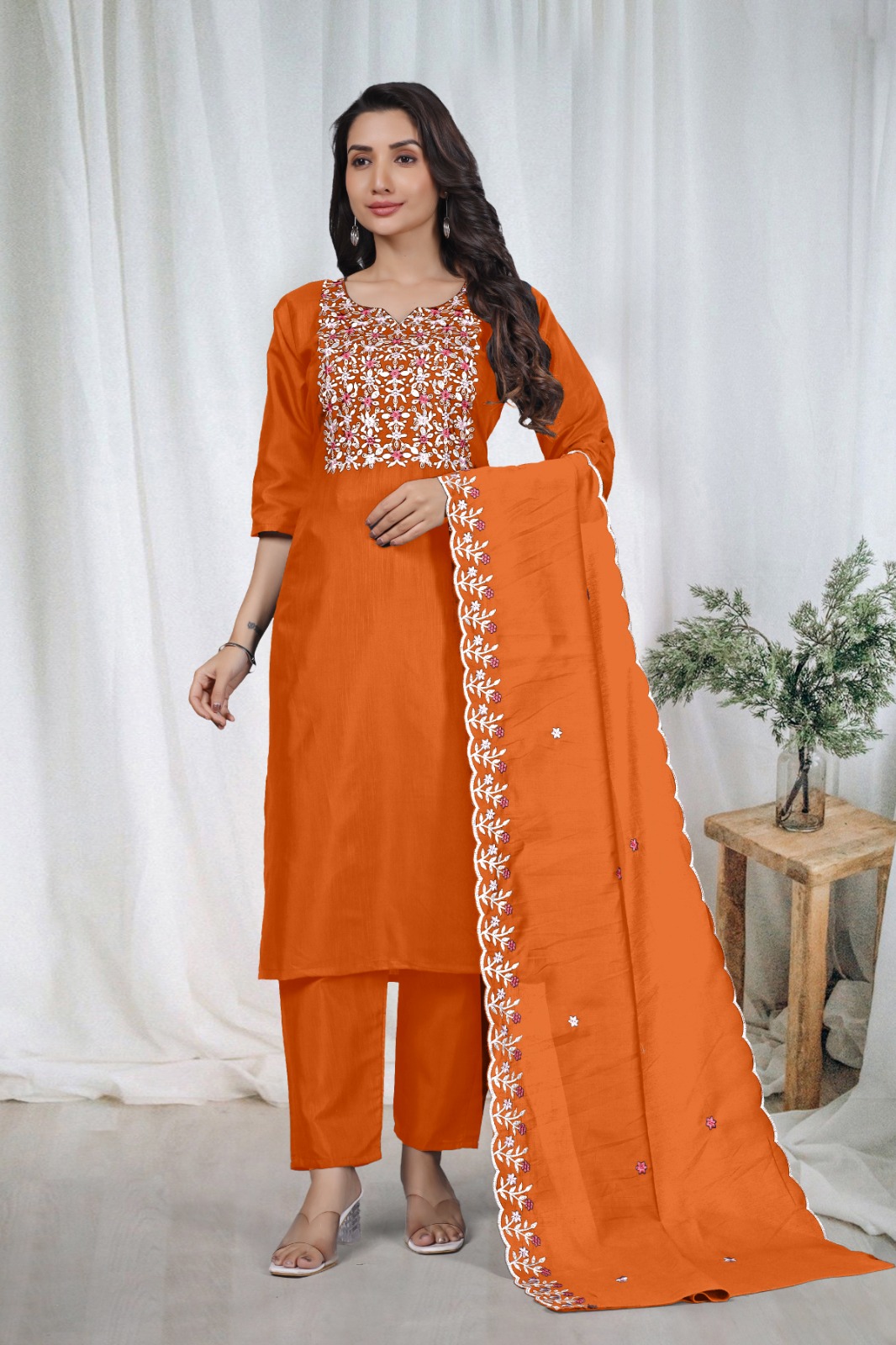 Orange Embroidered Kurta Pant Dupatta Set Women