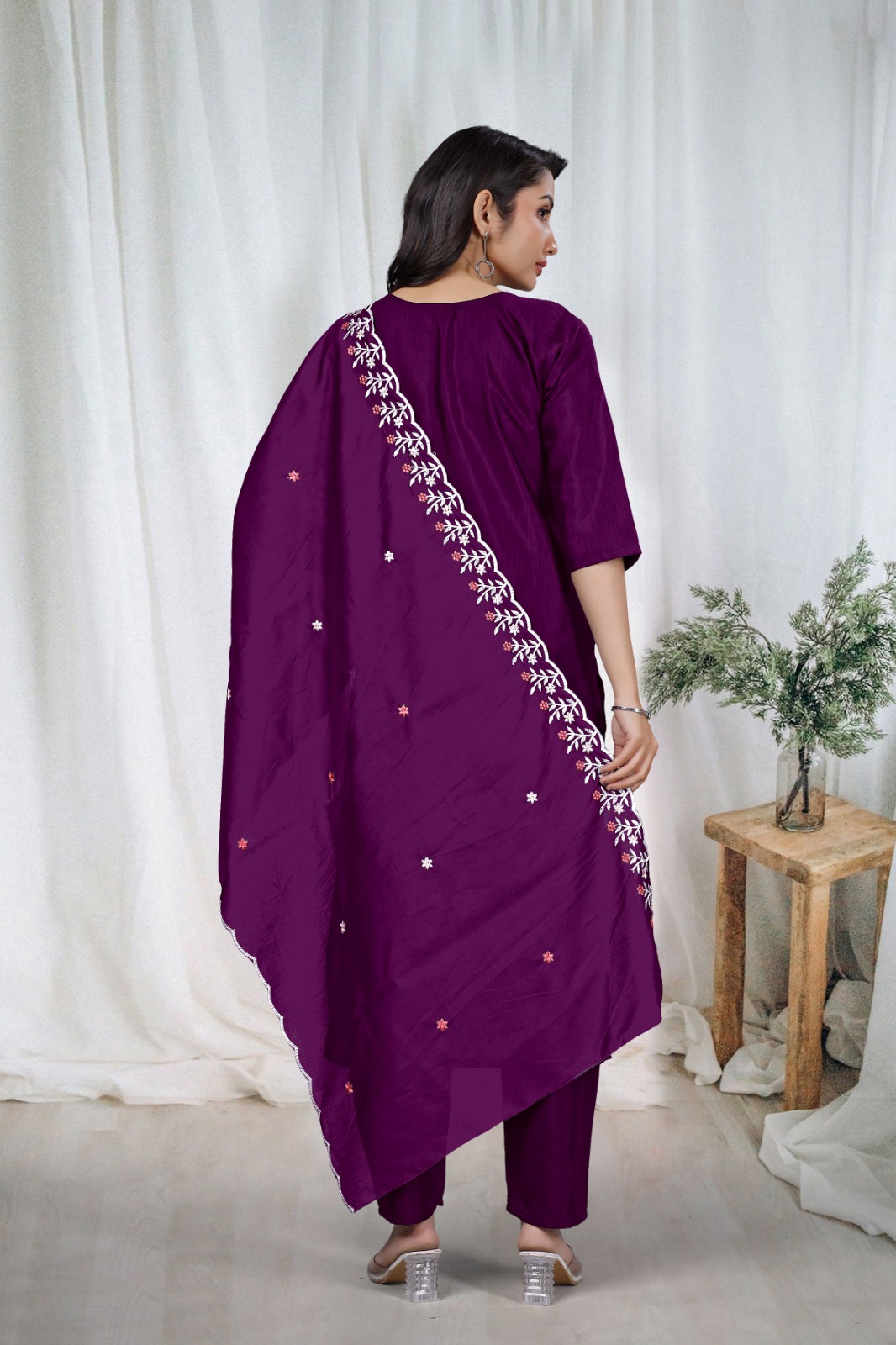 Purple Embroidered Kurta Pant Dupatta Set Women
