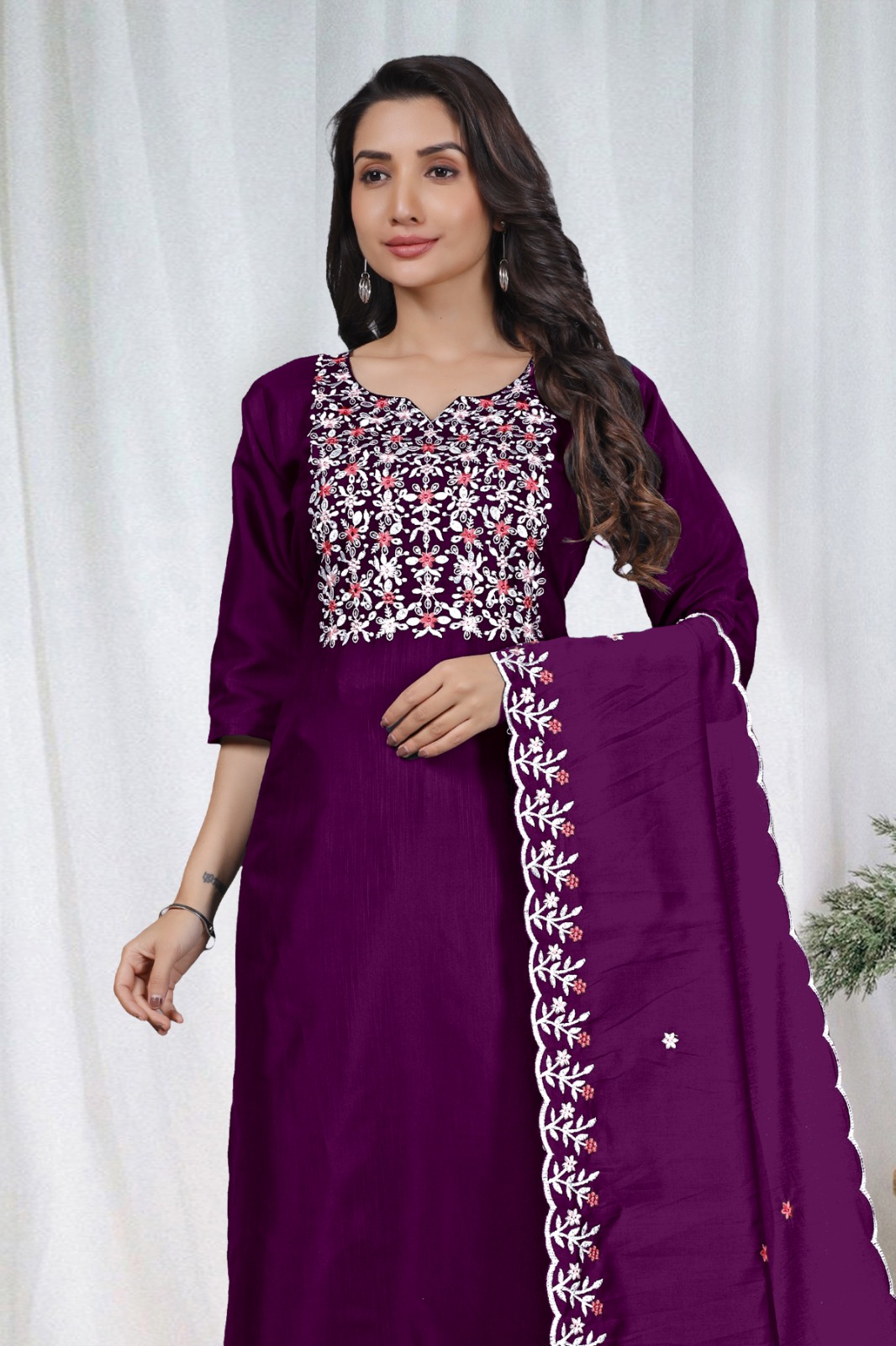 Purple Embroidered Kurta Pant Dupatta Set Women