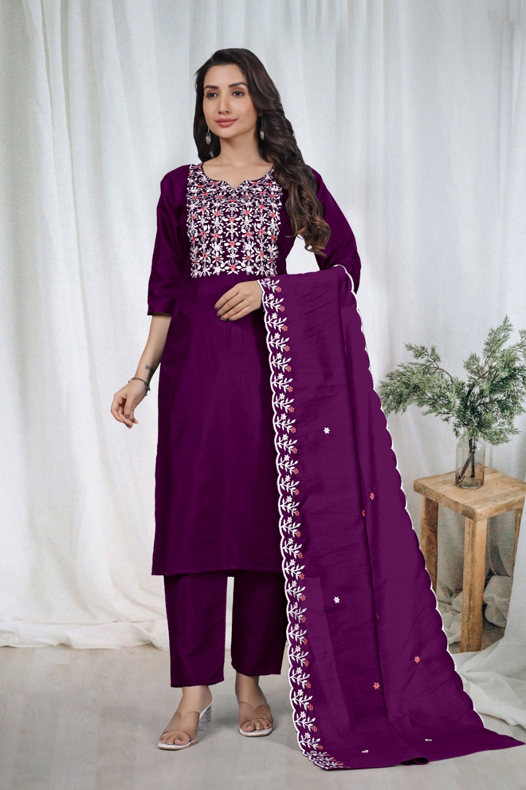 Purple Embroidered Kurta Pant Dupatta Set Women