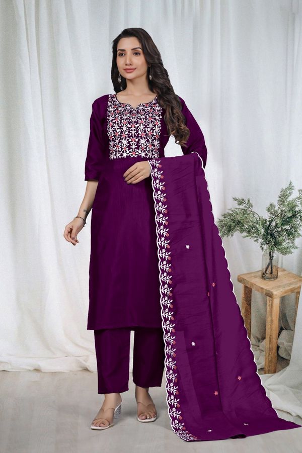 Purple Embroidered Kurta Pant Dupatta Set Women