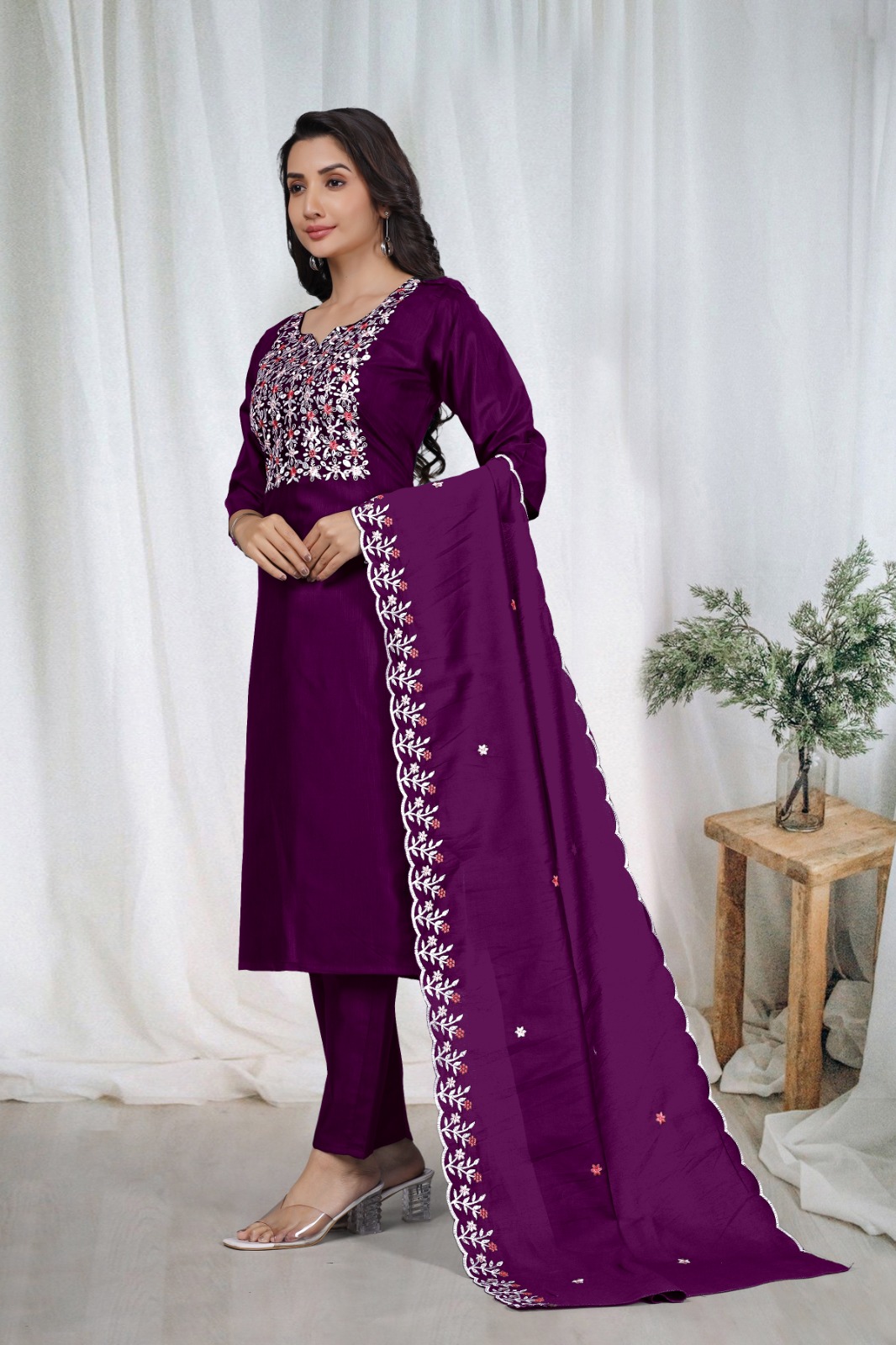Purple Embroidered Kurta Pant Dupatta Set Women