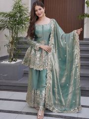 Sea Green Embroidered Silk Kurta Set with Dupatta - Sea green