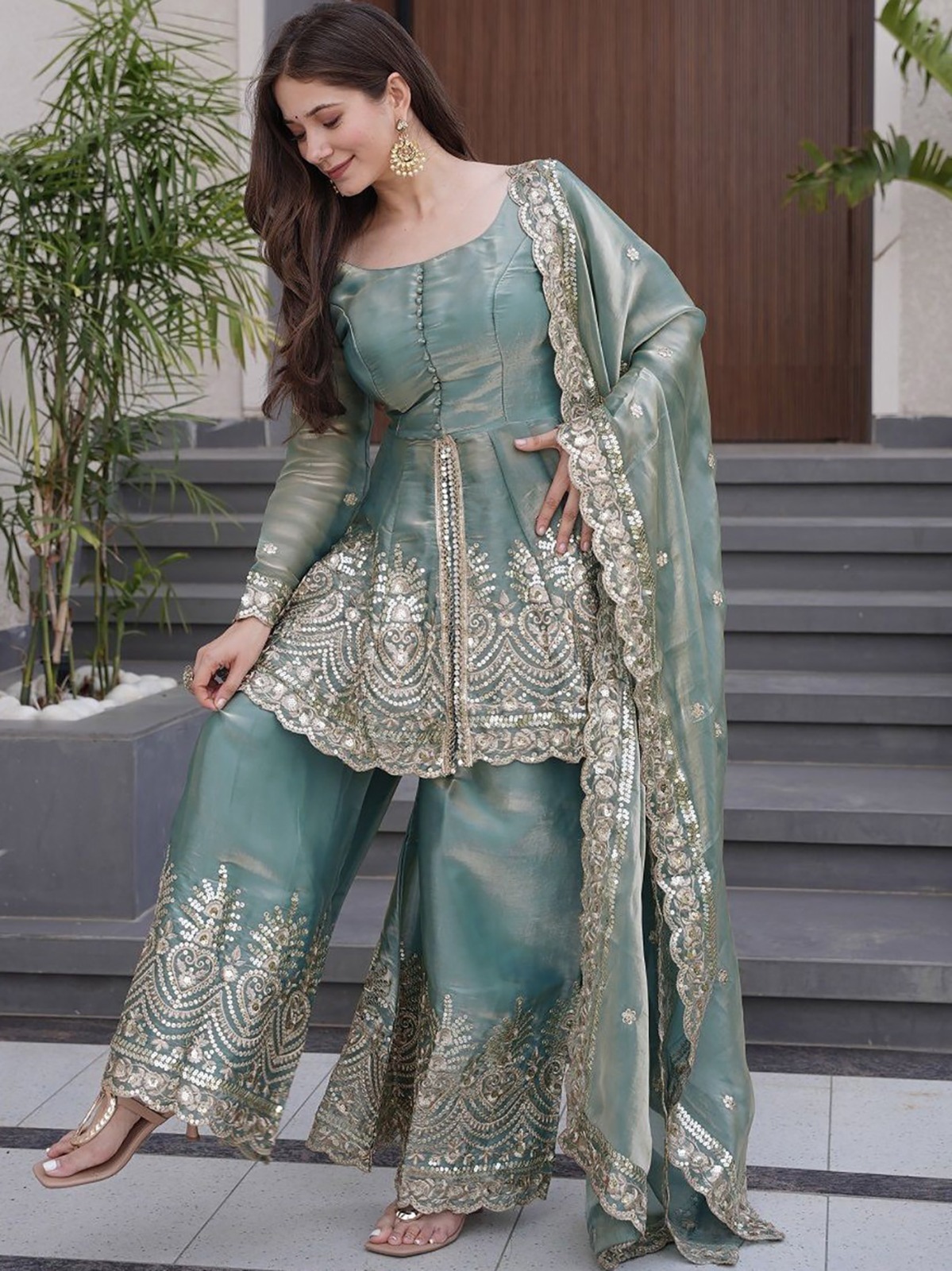 Sea Green Embroidered Silk Kurta Set with Dupatta