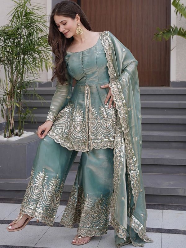 Sea Green Embroidered Silk Kurta Set with Dupatta