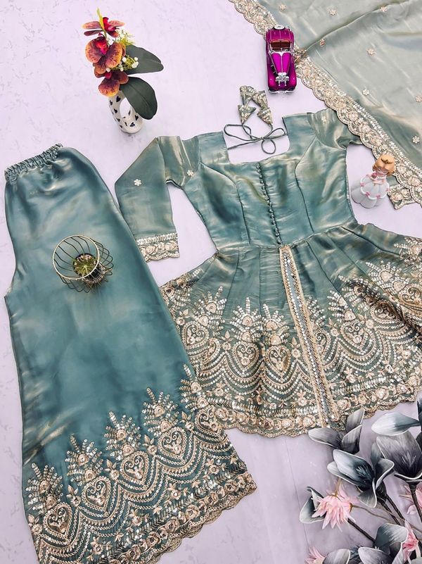 Sea Green Embroidered Silk Kurta Set with Dupatta