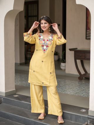 Yellow Floral Embroidered Kurti Pant Set Online
