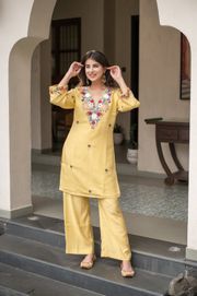 Yellow Floral Embroidered Kurti Pant Set Online - Yellow