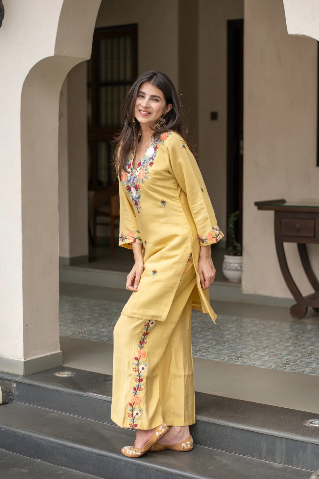 Yellow Floral Embroidered Kurti Pant Set Online