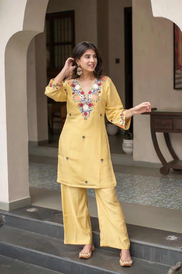 Yellow Floral Embroidered Kurti Pant Set Online