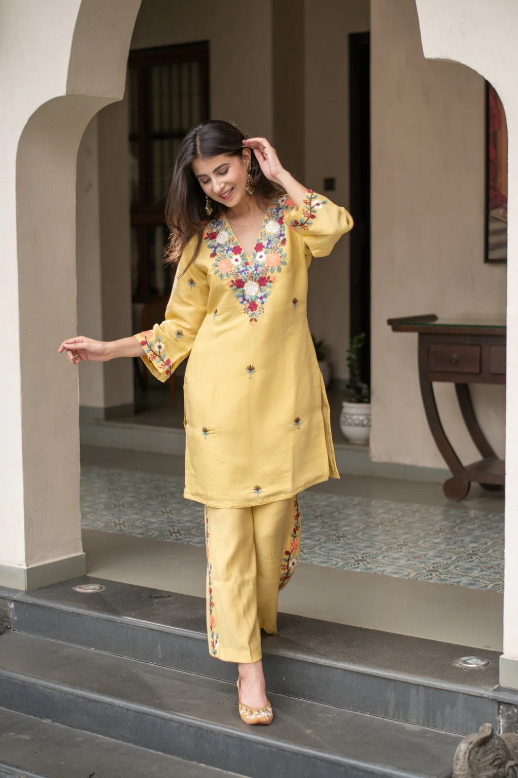 Yellow Floral Embroidered Kurti Pant Set Online