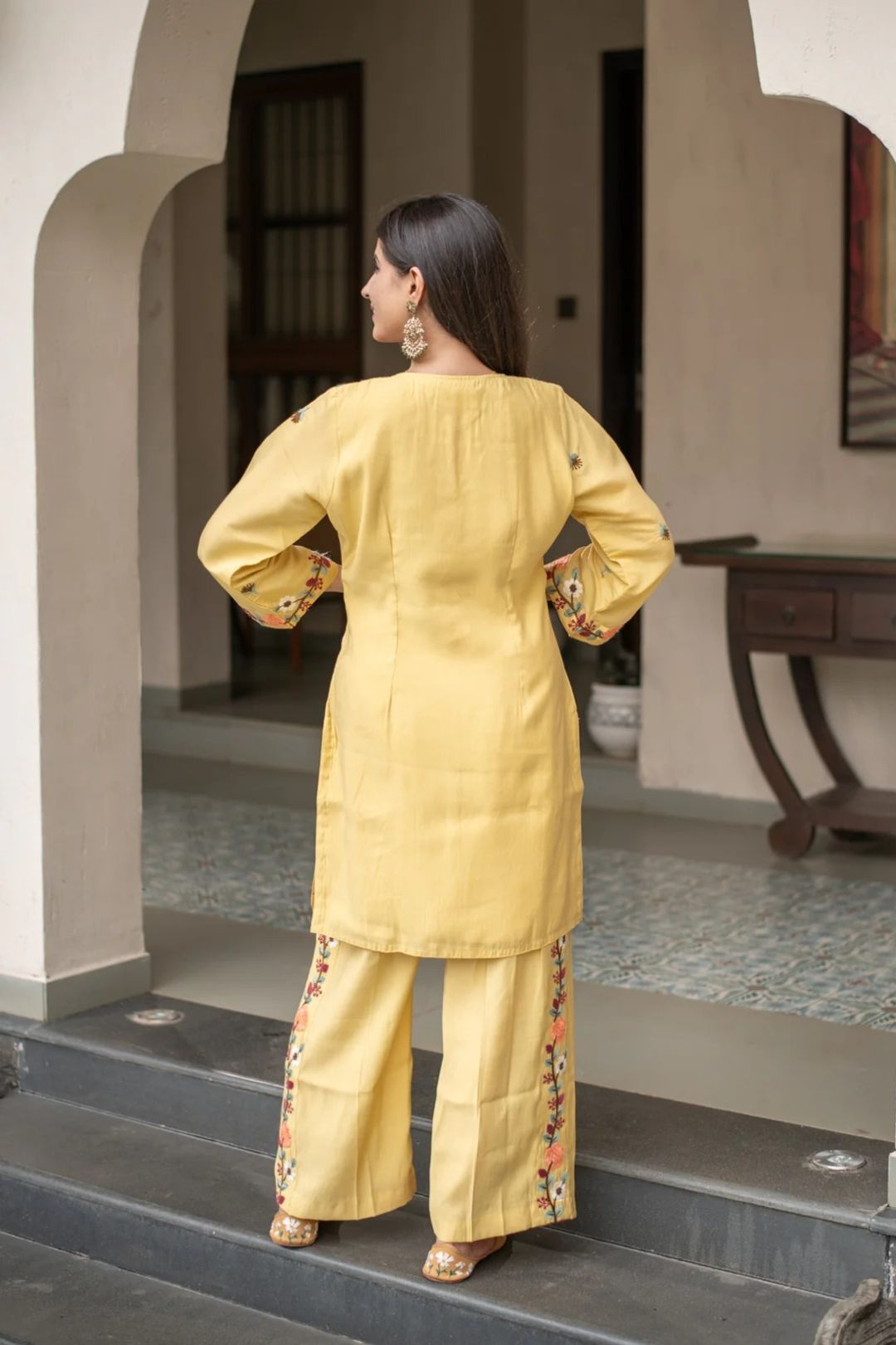 Yellow Floral Embroidered Kurti Pant Set Online