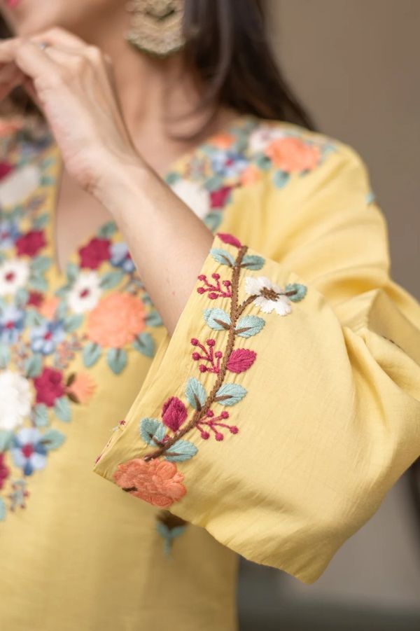 Yellow Floral Embroidered Kurti Pant Set Online