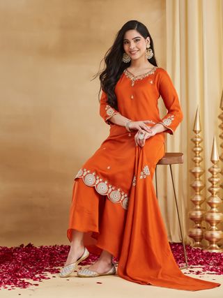 Orange Embroidered Silk Kurti Pant Dupatta Set