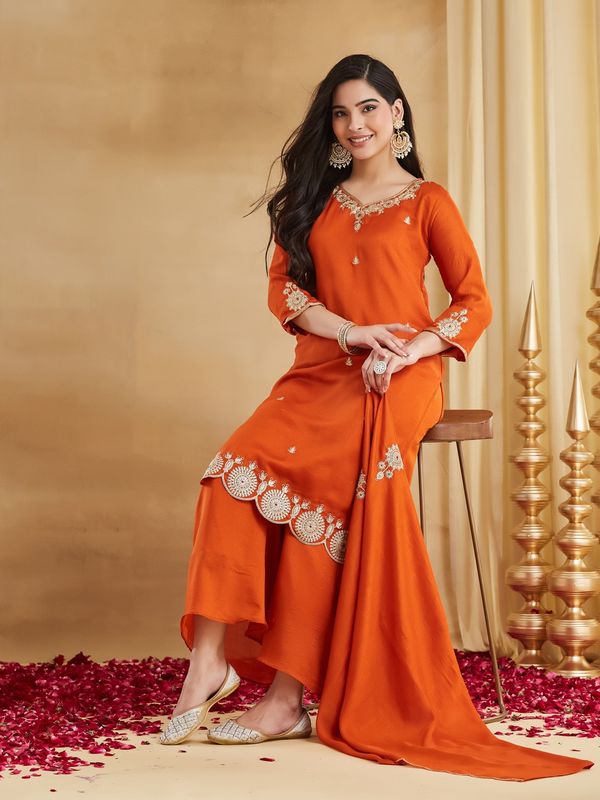 Orange Embroidered Silk Kurti Pant Dupatta Set