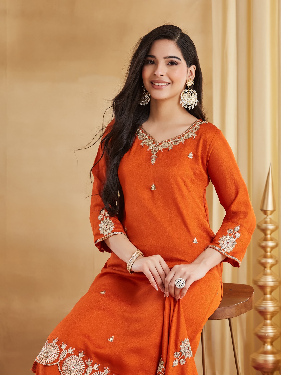 Orange Embroidered Silk Kurti Pant Dupatta Set