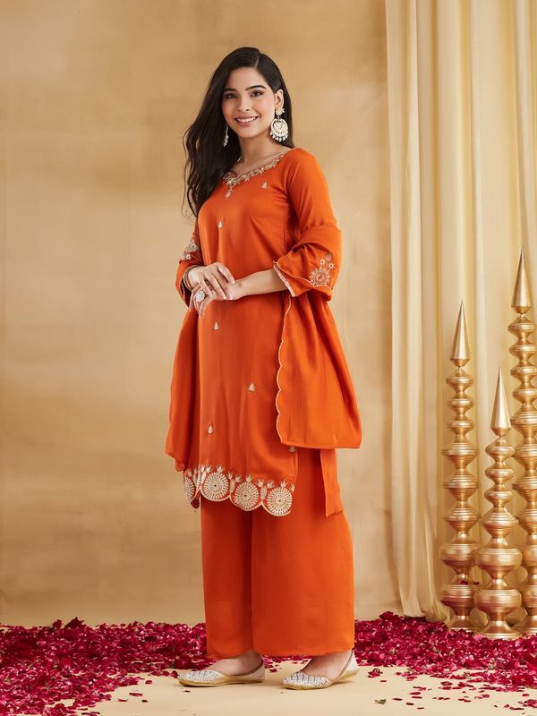 Orange Embroidered Silk Kurti Pant Dupatta Set