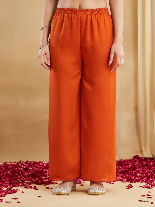 Orange Embroidered Silk Kurti Pant Dupatta Set