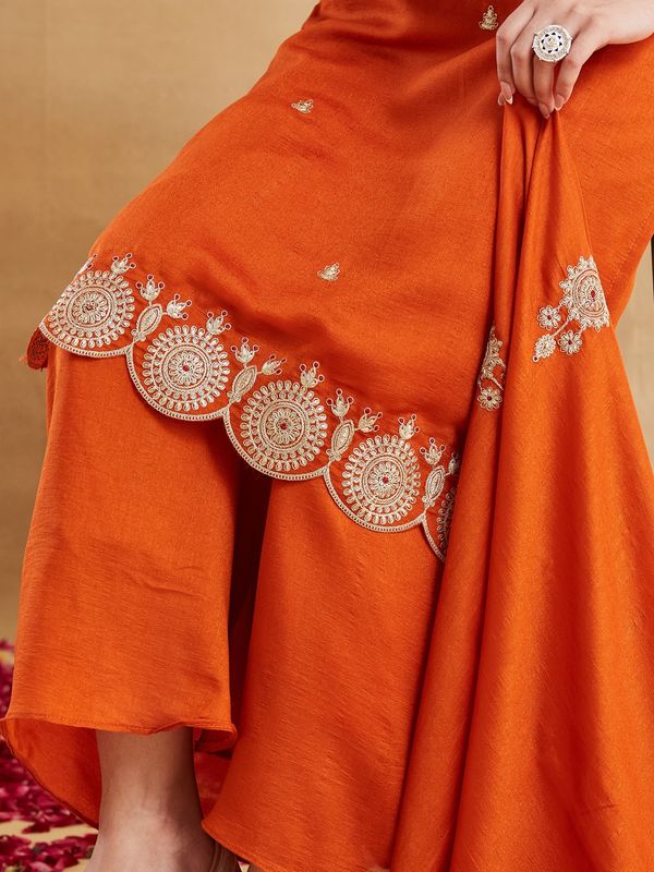 Orange Embroidered Silk Kurti Pant Dupatta Set