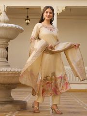 Beige Embroidered Silk Kurti Pant Dupatta Set Women - Beige