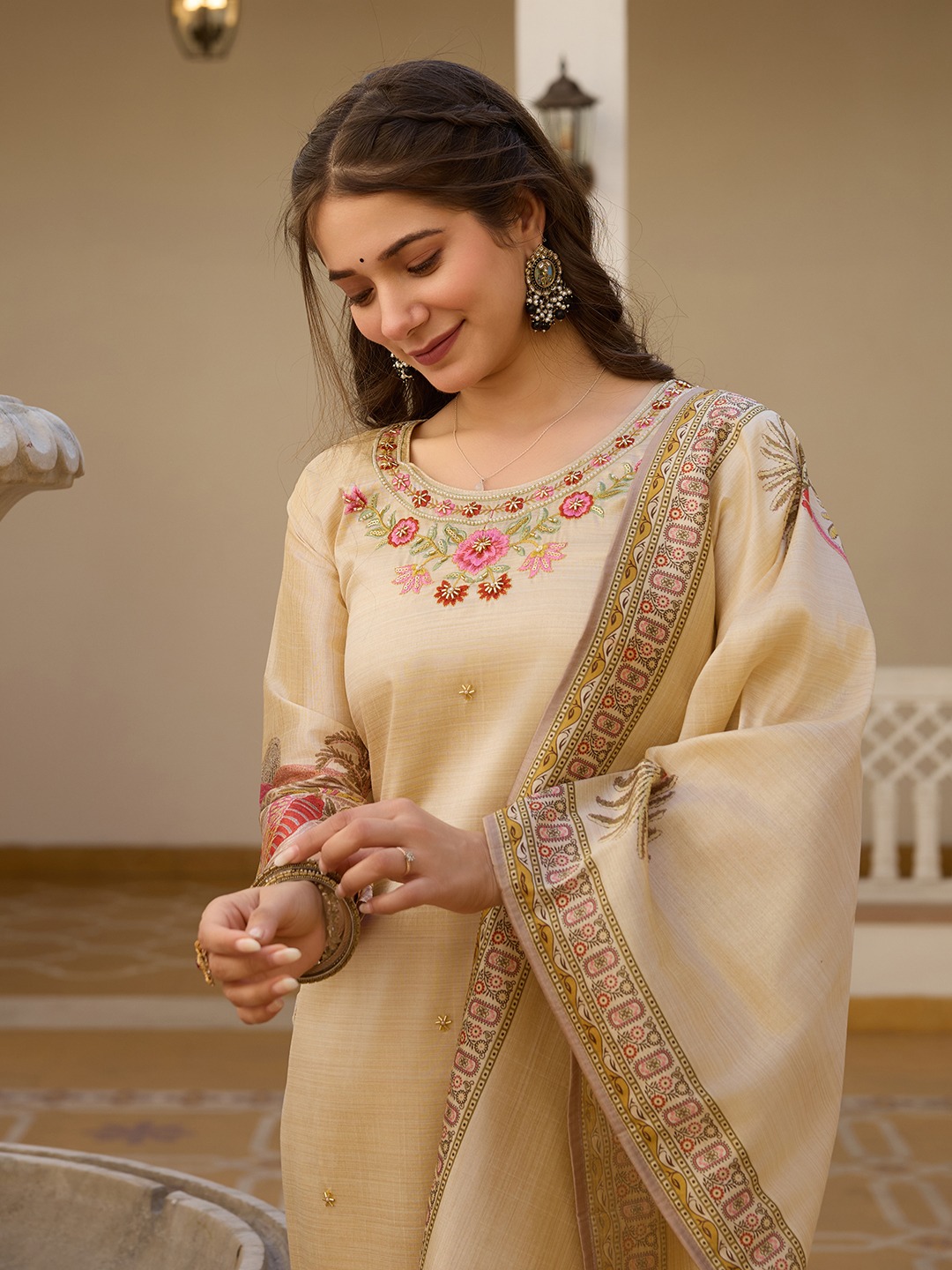 Beige Embroidered Silk Kurti Pant Dupatta Set Women