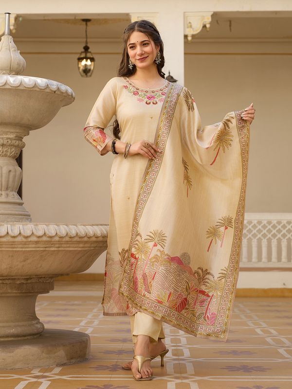 Beige Embroidered Silk Kurti Pant Dupatta Set Women