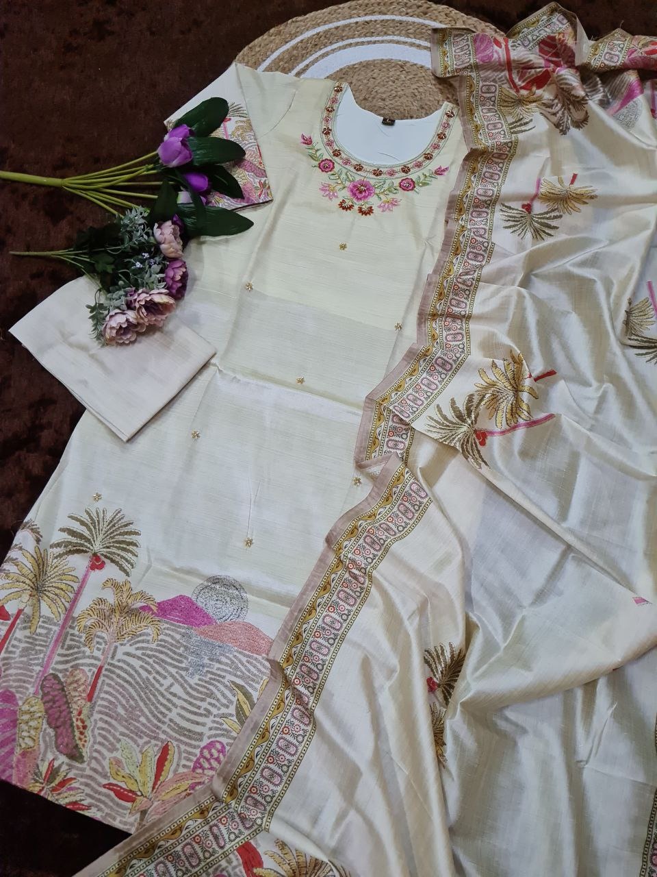 Beige Embroidered Silk Kurti Pant Dupatta Set Women