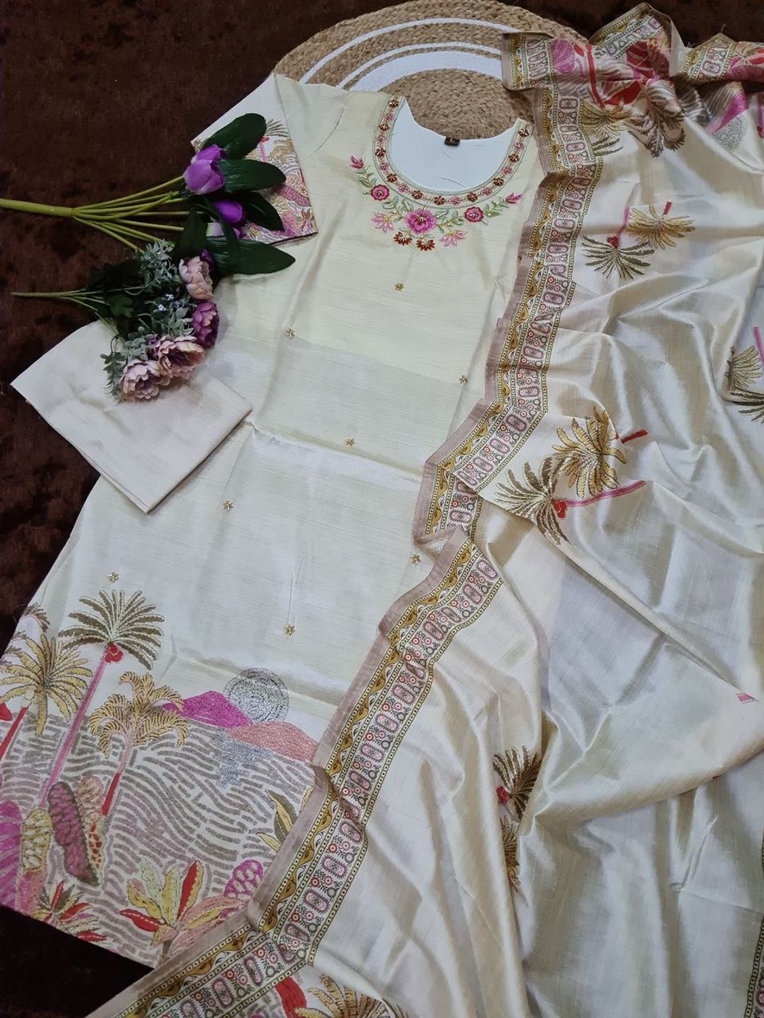 Beige Embroidered Silk Kurti Pant Dupatta Set Women