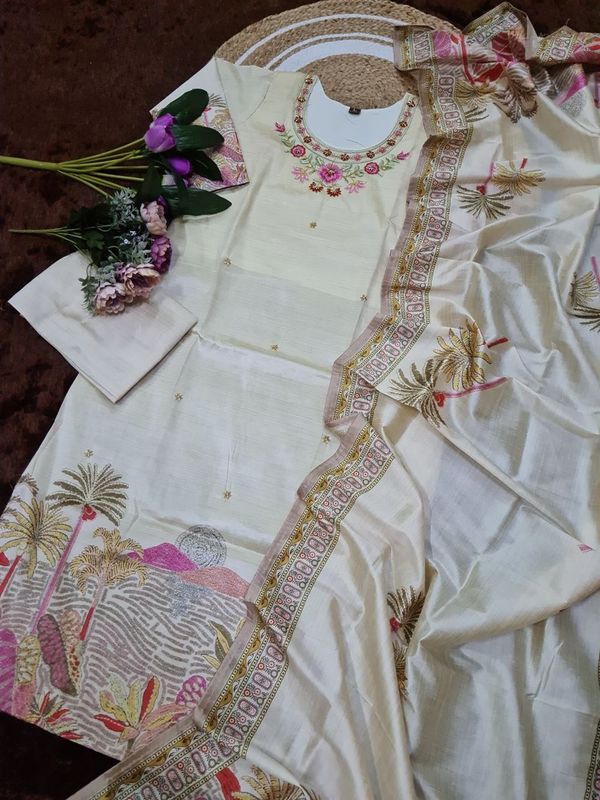 Beige Embroidered Silk Kurti Pant Dupatta Set Women