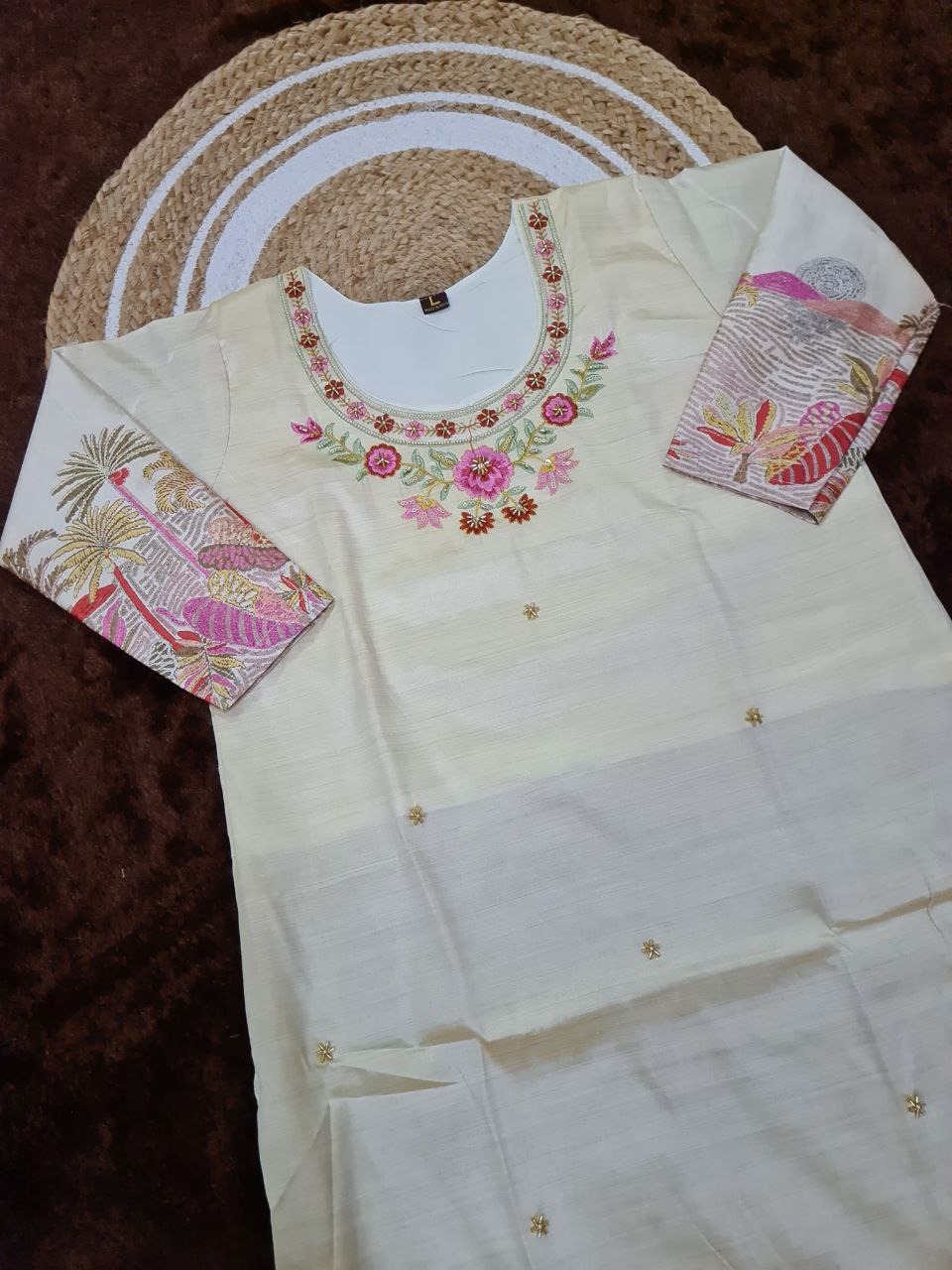 Beige Embroidered Silk Kurti Pant Dupatta Set Women